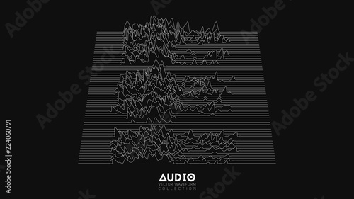 Vector 3d echo audio wavefrom spectrum. Abstract music waves oscillation graph. Futuristic sound wave visualization. Black and white line impulse pattern. Synthetic music technology sample.