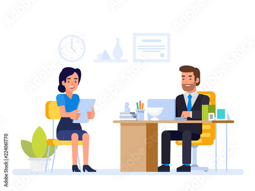 HR manager meeting job applicant in director office.