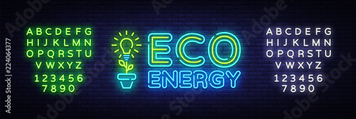 Eco Energy Neon Logo Vector. Green Energy neon sign, design template, modern trend design, night neon signboard, night bright advertising, light banner, light art. Vector. Editing text neon sign