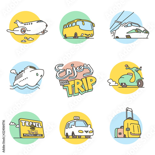 Tourism, Vehicle and transportation hand-drawn doodle icons. Coloured flat vector icon set. Logo templates.