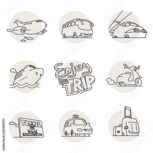 Tourism, Vehicle and transportation hand-drawn doodle icons. Contour vector icon set. Logo templates.