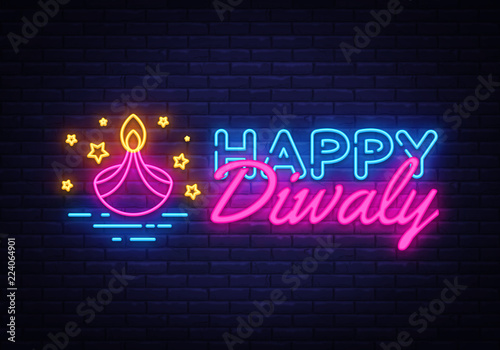 Diwali Hindu festival greeting card neon Vector. Diwali neon sign, design template, modern trend design, night neon signboard, night bright advertising, light banner, light art. Vector illustration
