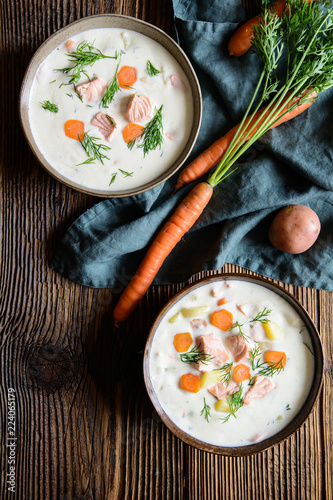 Lohikeitto – traditional salmon soup with potato, carrot and dill