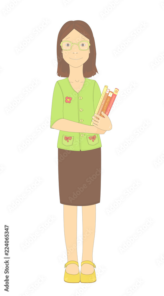 Full body portrait of a standing clever young girl (beginner school teacher) wearing glasses and holding a pile of books. Vector illustration. Cartoon style. Isolated on white background. Full body portrait of a standing clever young girl (beginner school teacher) wearing glasses and holding a pile of books. Vector illustration. Cartoon style. Isolated on white background.