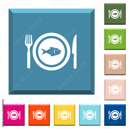 Fish for lunch white icons on edged square buttons