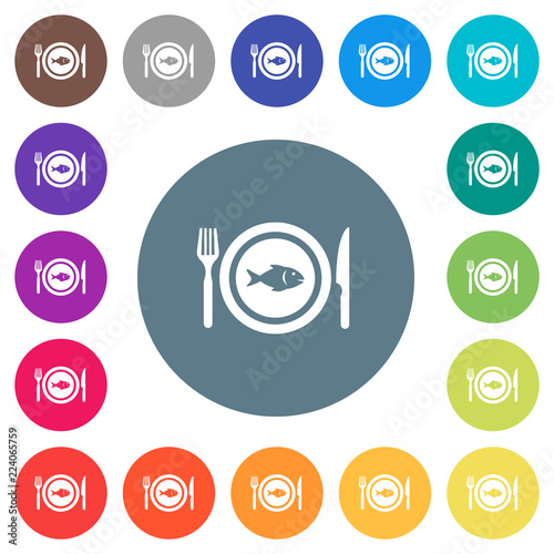 Fish for lunch flat white icons on round color backgrounds