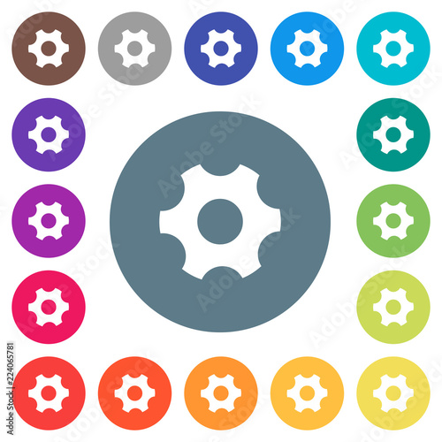 Single cogwheel flat white icons on round color backgrounds
