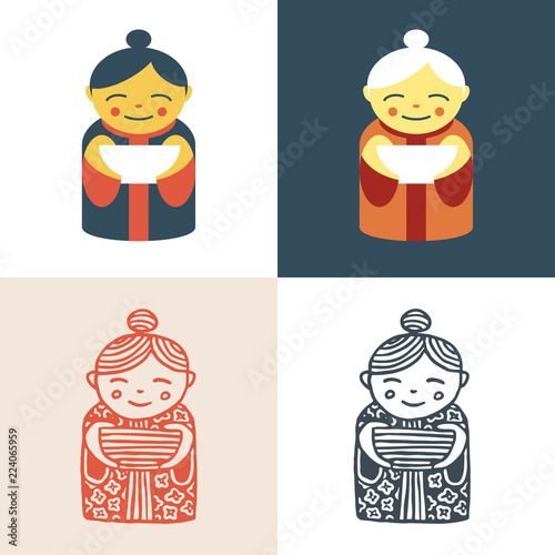 Pretty old woman chef with white dish at her hands. Vector icon set. Logo template.