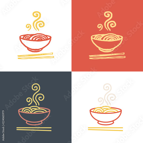 Plate full of tasty hot noodles with chopsticks. Vector icon set. Logo Template.
