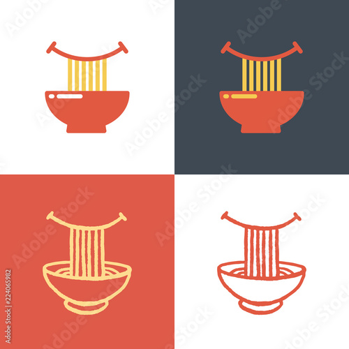 Plate with noodles and happy smile. Vector icon set. Logo template.