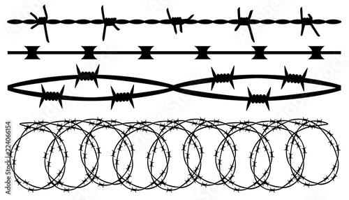 Barbed wire, seamless brush. Barbwire set isolated silhouette, vector background
