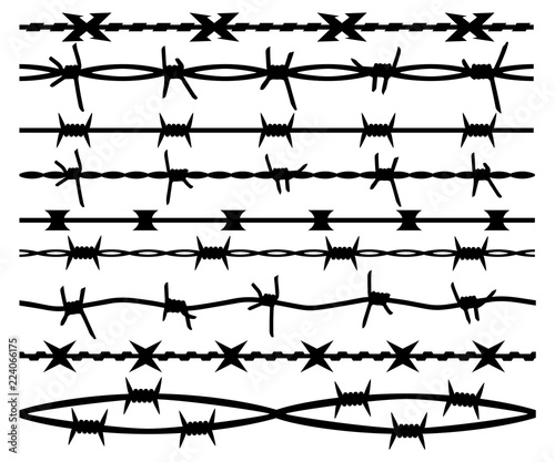 Barbed wire, set seamless brush, isolated silhouette. Barbwire vector background photo