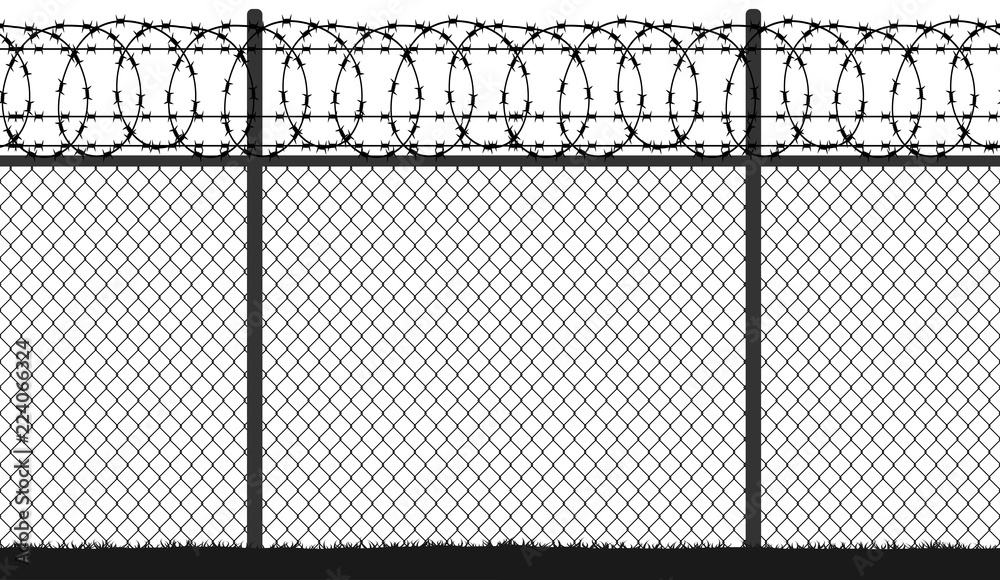 Fence wire mesh barbed wire, seamless vector silhouette