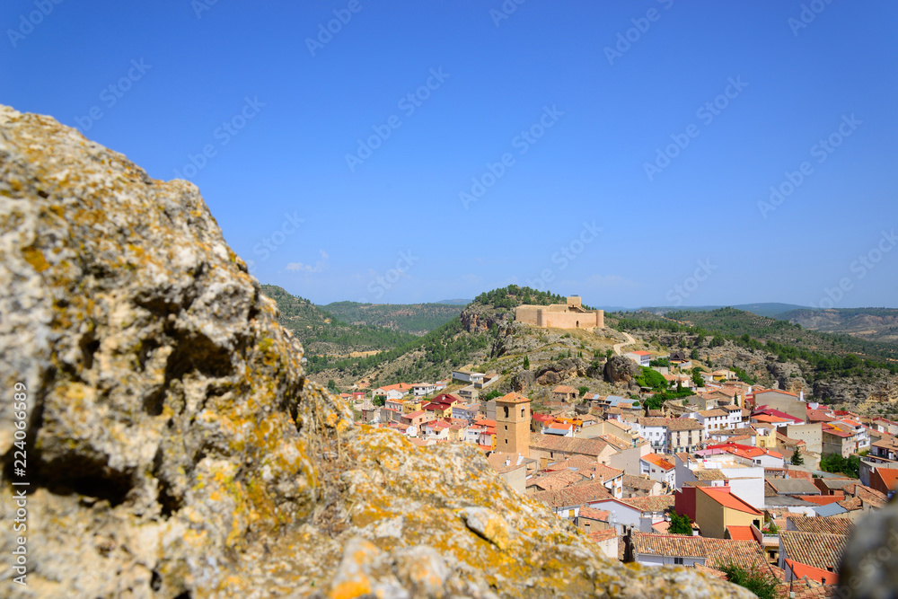 Enguidanos, Spain - September 2, 2018: Population of Enguidanos and its castle.