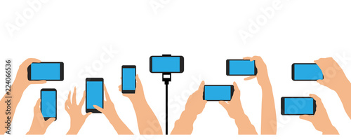 Hands holding phone, smartphone. Crowd of people event, concert, party. Isolated set vector illustration