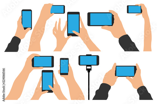 Hands holding Phone, smartphone. Isolated set vector illustration