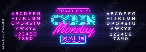 Cyber Monday banner in fashionable neon style, luminous signboard, nightly advertising advertisement of sales rebates of cyber Monday. Vector Illustration. Editing text neon sign