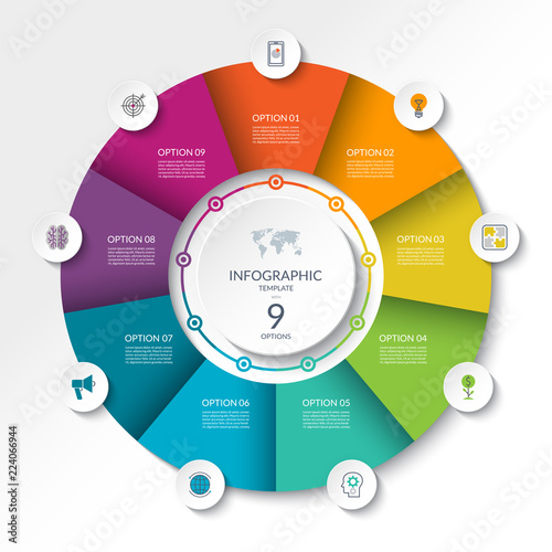 Circular infographic flow chart. Process diagram circle or pie graph with 9 options, parts, segments. Vector banner