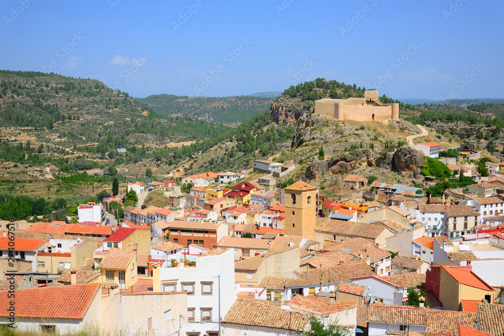 Enguidanos, Spain - September 2, 2018: Population of Enguidanos and its castle.