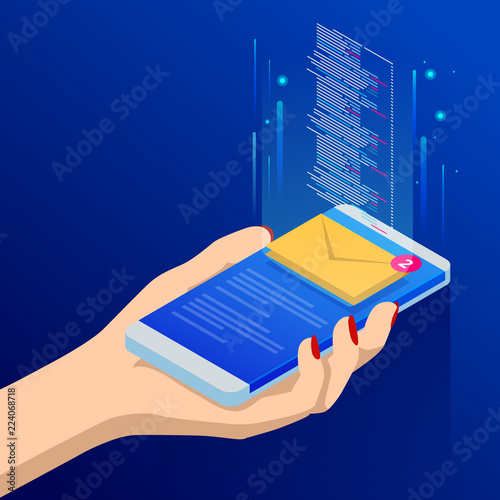 Isometric email or sms app on a smartphone screen. New message is received. Female fingers touching smartphone with mail icon on it. Vector illustration.