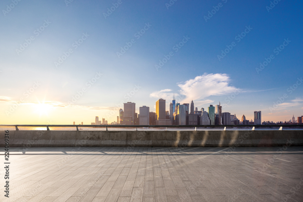 empty floor with modern cityscape in new york