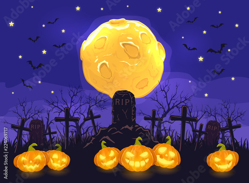 Halloween Night with Pumpkins on Cemetery and Moon on Blue Sky Background