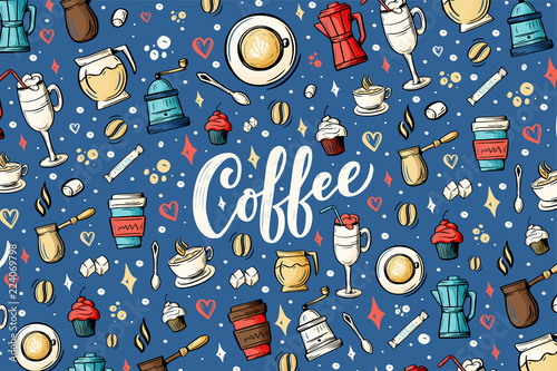 Hand lettering word and ellements in sketch style for coffee shop or cafe. Hand drawn vintage cartoon design, colorful background