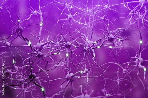 Purple neurons with glowing segments over purple