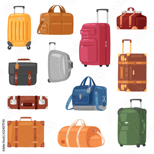 Travel bag vector luggage suitcase for journey vacation tourism illustration set of trip baggage and tour adventure case or handbag for tourist isolated on white background photo