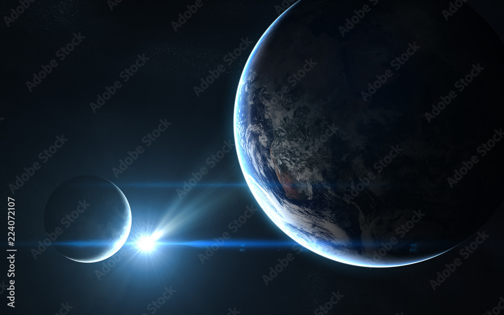 Fototapeta premium Earth and moon in blue sunlight. Abstract science fiction. Elements of the image are furnished by NASA