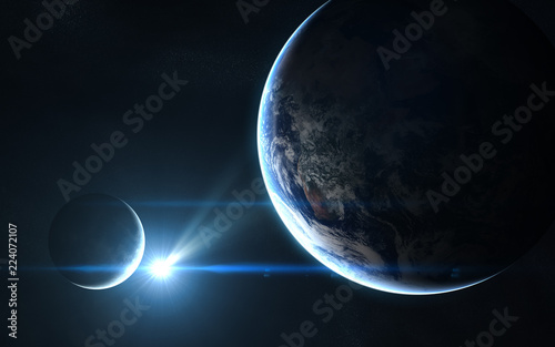 Earth and moon in blue sunlight. Abstract science fiction. Elements of the image are furnished by NASA