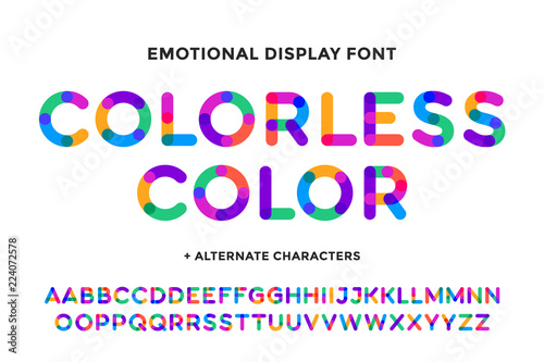 Colorful font. Colorful bright alphabet and font. Emotional bold uppercase color letters. Type, typography letter latin font. Hand-drawn modern narrow font for headline, text. Vector Illustration photo
