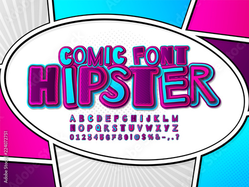 Hipster blue-purple comic font on comics book page. Multilevel cartoon alphabet, typeface in style of pop art. Multilayer funny letters, figures.