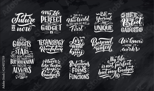 Lettering poster. Motivational quote about gadgets and technology. Hand drawn composition. Monochrome vector illustration.