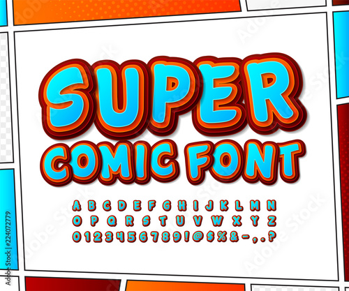 Super blue-red comic font on comics book page. Multilevel cartoon alphabet, typeface in style of pop art. Multilayer funny letters, figures.