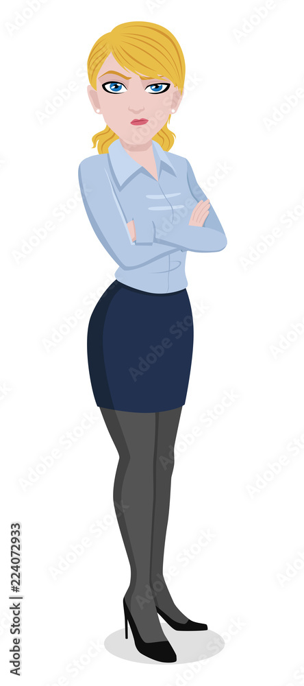 Cartoon character of blonde businesswoman in bad mood
