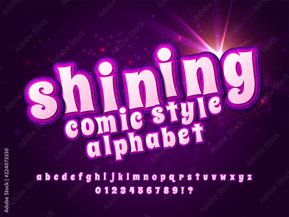Shining pink-purple comic font on dark background with particles , tinsel and flash of light. Multilevel brilliant alphabet, typeface in style of pop art. Multilayer funny letters, figures.