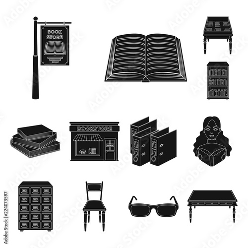 Library and bookstore black icons in set collection for design. Books and furnishings vector symbol stock web illustration.