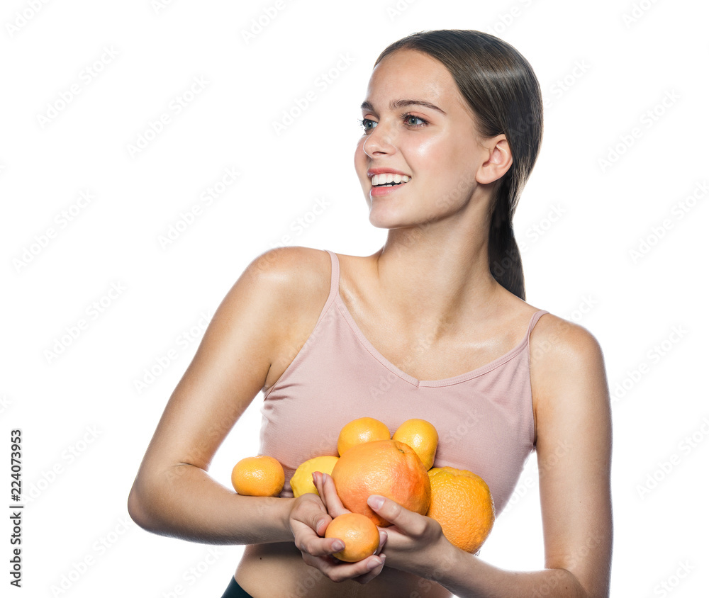 beauty portrait of attractive young caucasian happy smiling woman isolated on white studio shot eating orange lemon fruit fresh healthy food raw diet beauty portrait of attractive young caucasian happy smiling woman isolated on white studio shot eating orange lemon fruit fresh healthy food raw diet