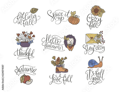 Cozy fall vector lettering set. Hand drawn autumn quotes.