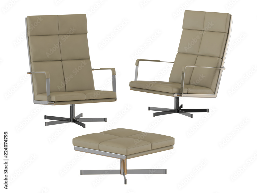 Two Beige office chair and pouf 3d rendering Two Beige office chair and pouf 3d rendering