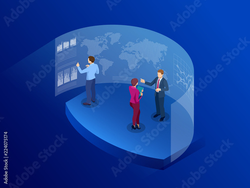 Isometric people in front of the screen for data analysis business. Information Communication Technology. Digital transformation. Technology Future.