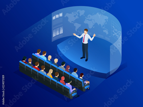 Isometric people in front of the screen for data analysis business. Information Communication Technology. Digital transformation. Technology Future.