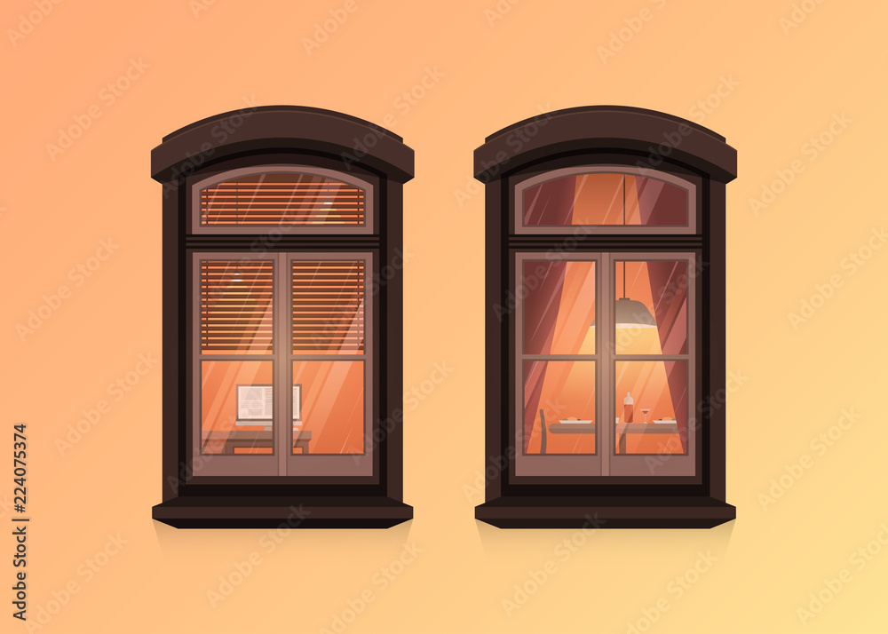 Two windows frames view on house wall. Highly detailed windows with  apartment interior. Architecture design in cartoon and flat style. Outdoor  or exterior view of the building and home Stock Vector