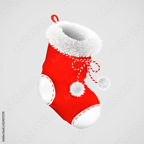 Empty Christmas red sock with fluffy fur and buboes is ready for gifts. Vector realistic illistration.