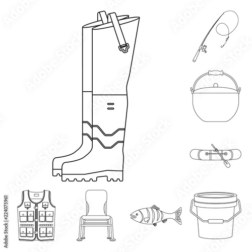 Vector illustration of fish and fishing icon. Set of fish and equipment vector icon for stock.