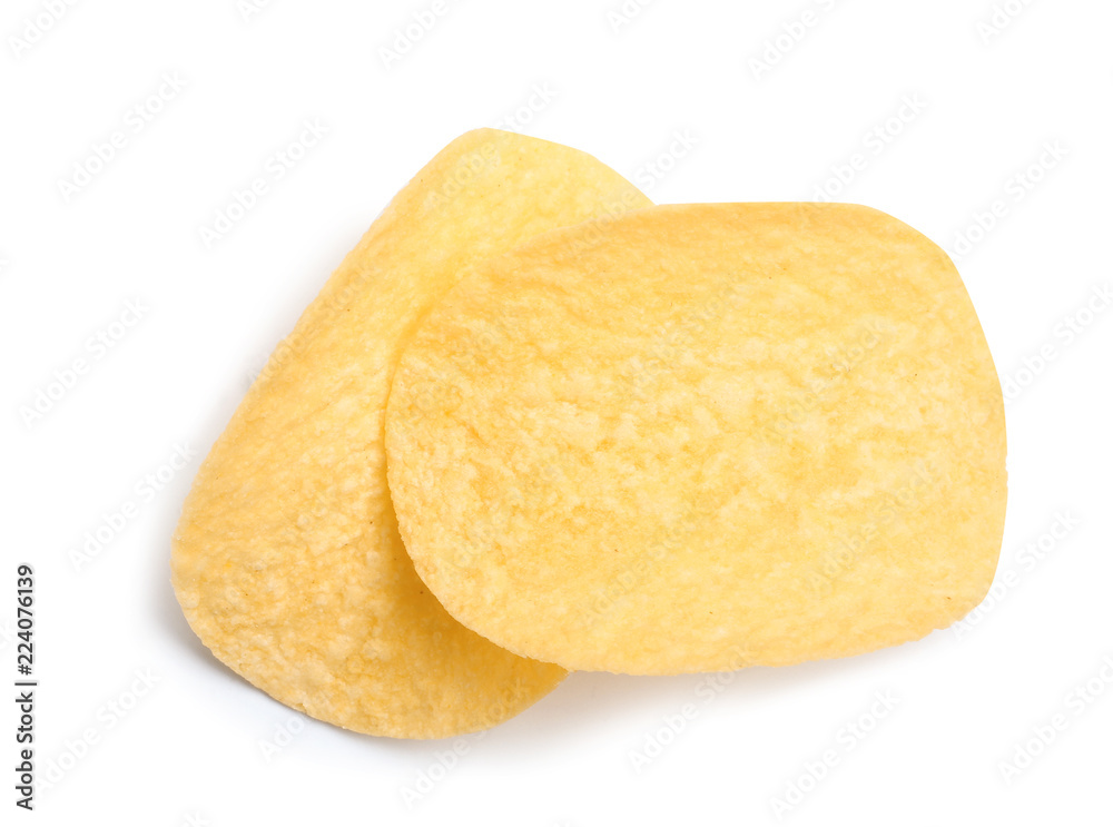 Tasty crispy potato chips on white background Tasty crispy potato chips on white background