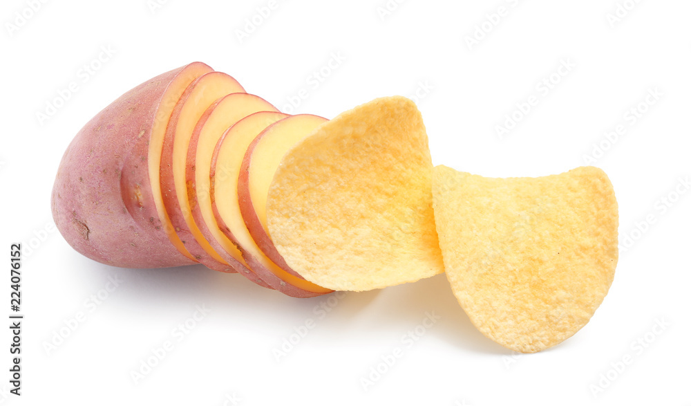 Raw potato and tasty chips on white background Raw potato and tasty chips on white background