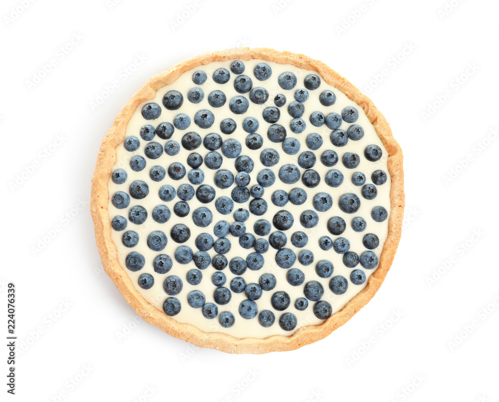 Tasty blueberry cake on white background, top view Tasty blueberry cake on white background, top view