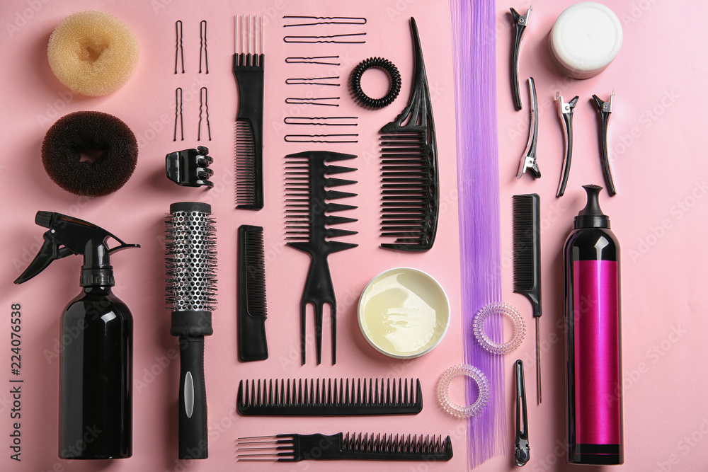 Flat lay composition with hair salon equipment on color background Stock  Photo | Adobe Stock